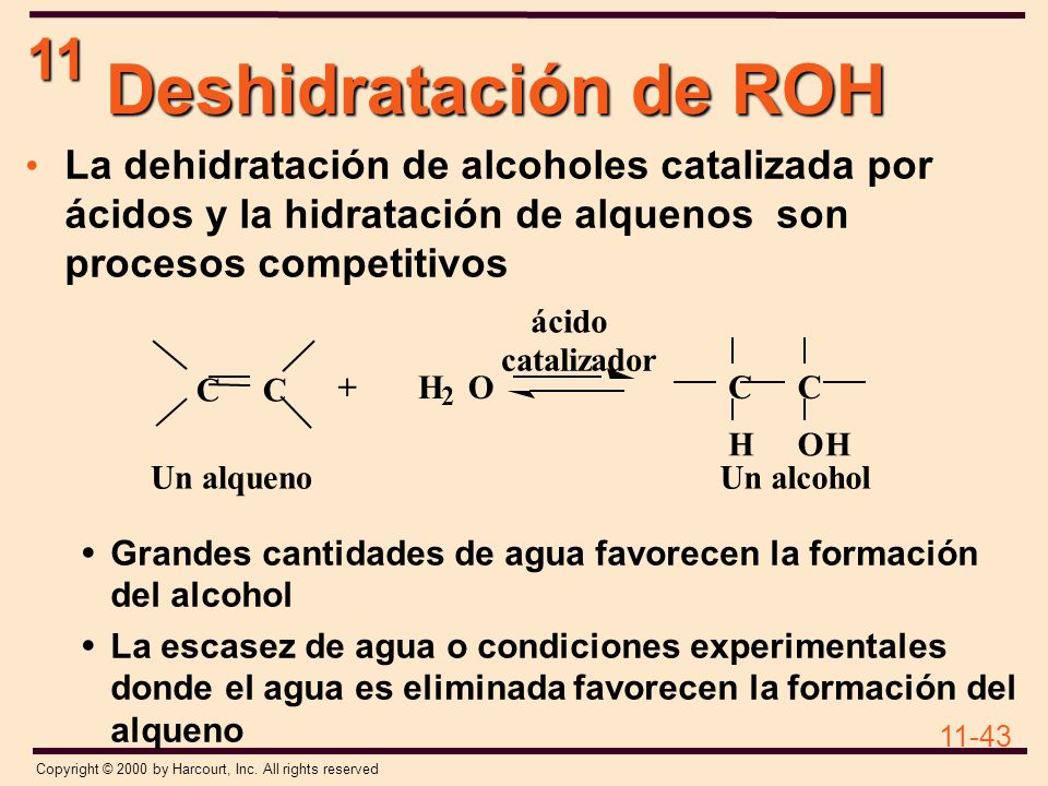 Deshidratación de ROH La dehidratación de alcoholes catalizada por ácidos y la hidratación de alquenos son procesos competitivos.