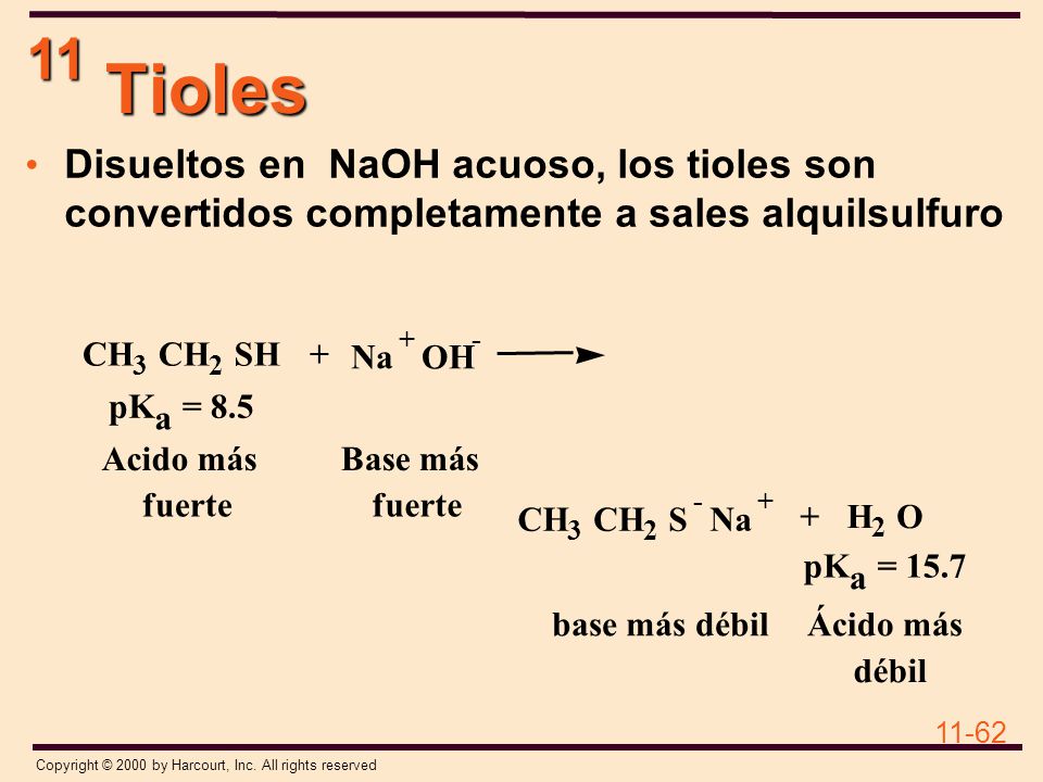 Tioles Disueltos en NaOH acuoso, los tioles son convertidos completamente a sales alquilsulfuro. +