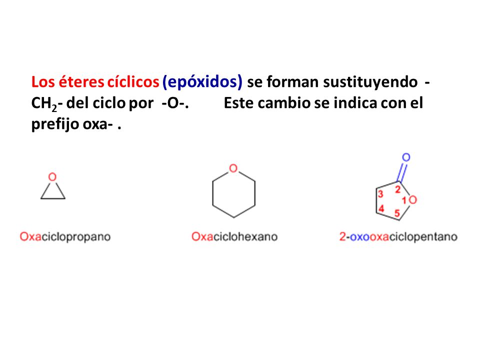 Los éteres cíclicos (epóxidos) se forman sustituyendo -CH2- del ciclo por -O-. Este cambio se indica con el prefijo oxa- .
