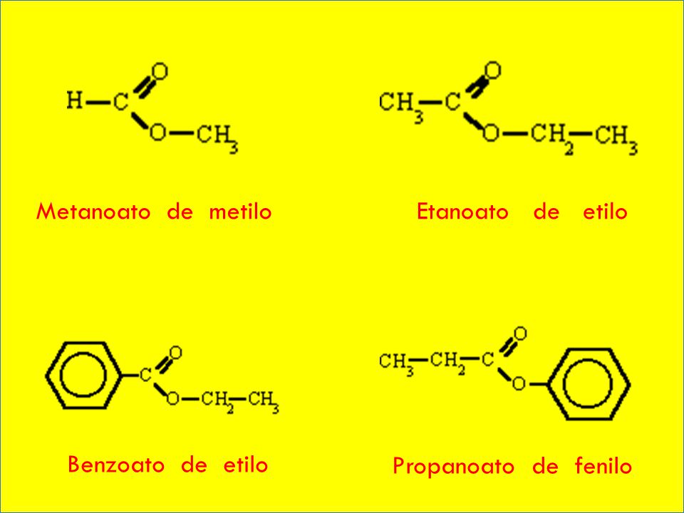 Metanoato de metilo Etanoato de etilo Benzoato de etilo Propanoato de fenilo