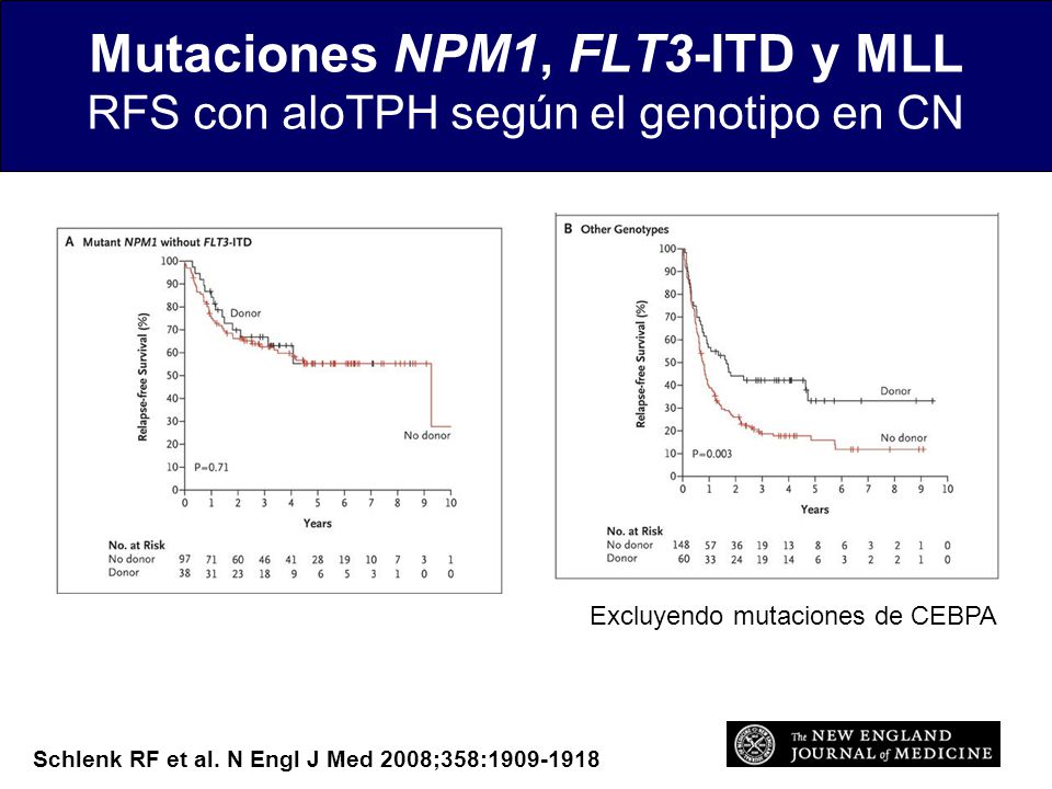 Mutaciones NPM1, FLT3-ITD y MLL RFS con aloTPH según el genotipo en CN
