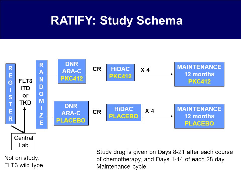 RATIFY: Study Schema R A N D O M I Z E DNR ARA-C PKC412 R E G I S T