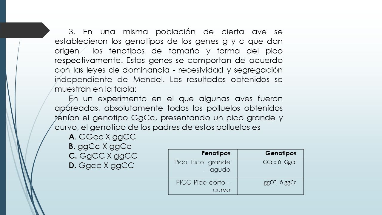 3. En una misma población de cierta ave se establecieron los genotipos de los genes g y c que dan origen los fenotipos de tamaño y forma del pico respectivamente. Estos genes se comportan de acuerdo con las leyes de dominancia - recesividad y segregación independiente de Mendel. Los resultados obtenidos se muestran en la tabla: