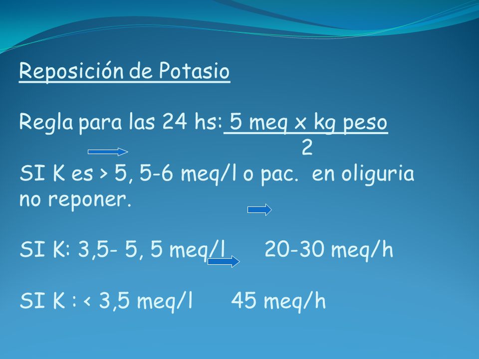 Reposición de Potasio Regla para las 24 hs: 5 meq x kg peso 2 SI K es > 5, 5-6 meq/l o pac.