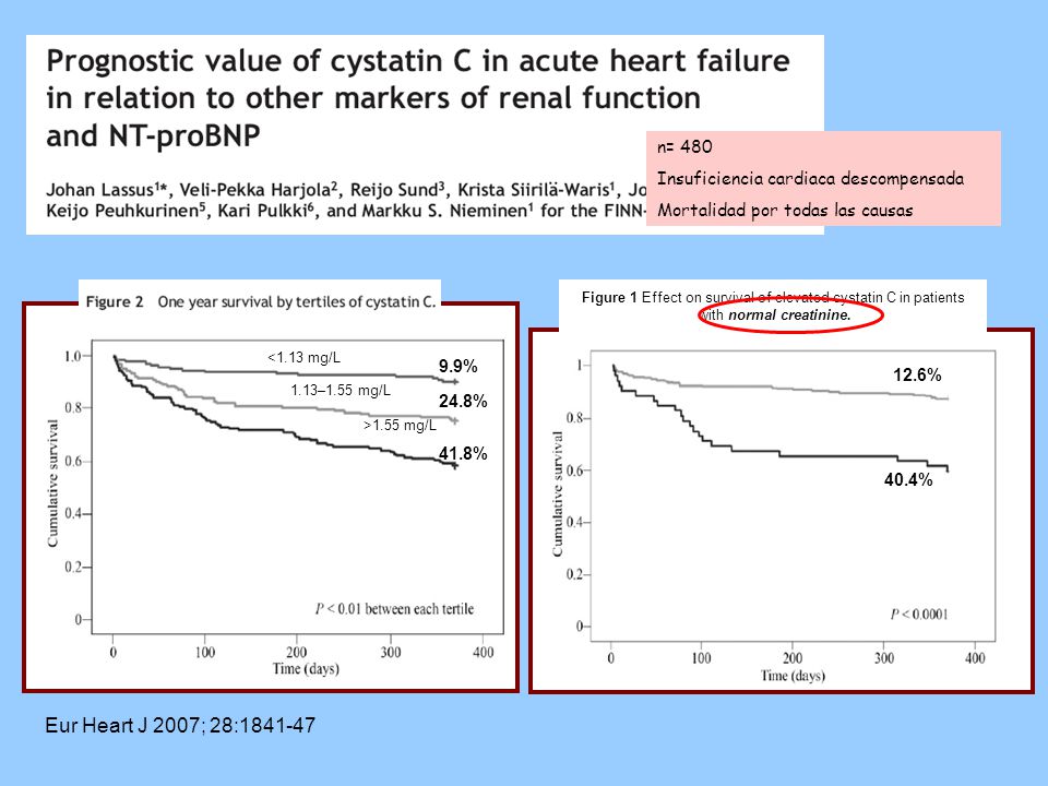 n= 480 Insuficiencia cardiaca descompensada. Mortalidad por todas las causas. Figure 1 Effect on survival of elevated cystatin C in patients.