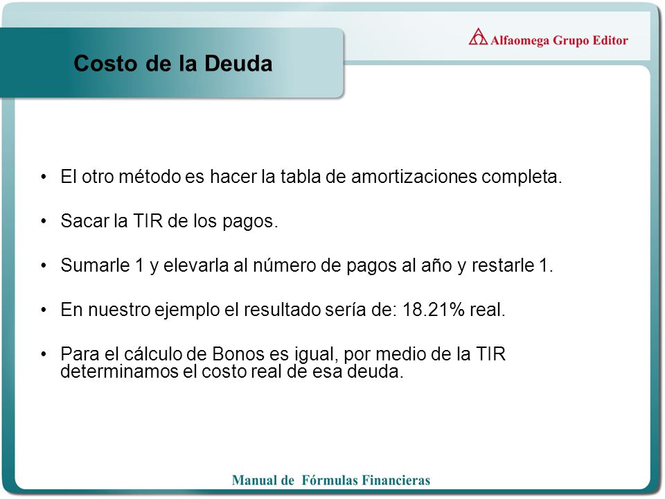 Costo de la Deuda El otro método es hacer la tabla de amortizaciones completa. Sacar la TIR de los pagos.
