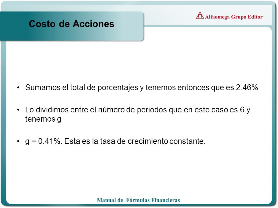 Costo de Acciones Sumamos el total de porcentajes y tenemos entonces que es 2.46%