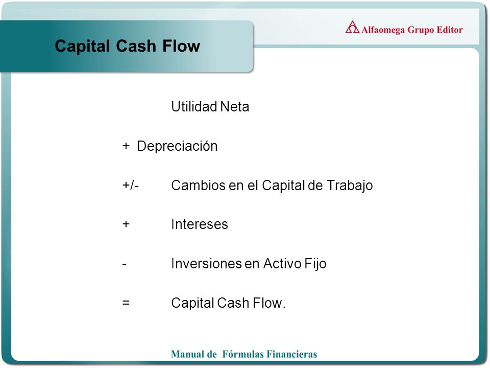 Capital Cash Flow Utilidad Neta + Depreciación +/- Cambios en el Capital de Trabajo + Intereses - Inversiones en Activo Fijo = Capital Cash Flow.