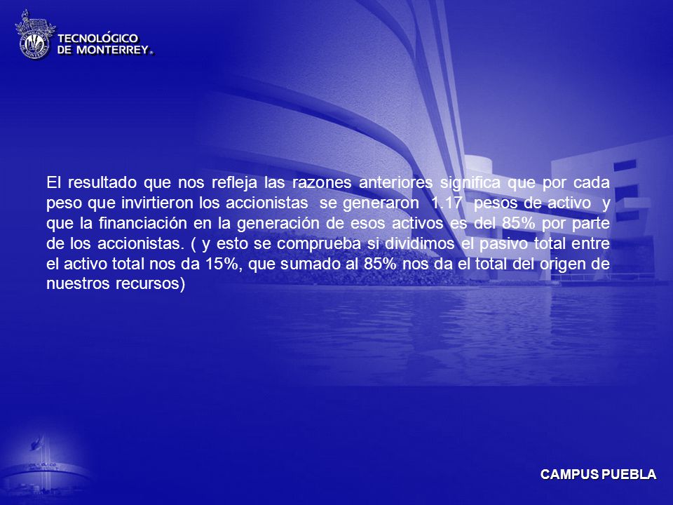 El resultado que nos refleja las razones anteriores significa que por cada peso que invirtieron los accionistas se generaron 1.17 pesos de activo y que la financiación en la generación de esos activos es del 85% por parte de los accionistas.