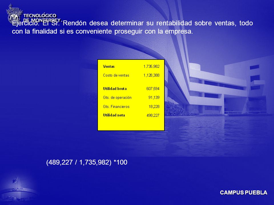 Ejercicio: El Sr. Rendón desea determinar su rentabilidad sobre ventas, todo con la finalidad si es conveniente proseguir con la empresa.
