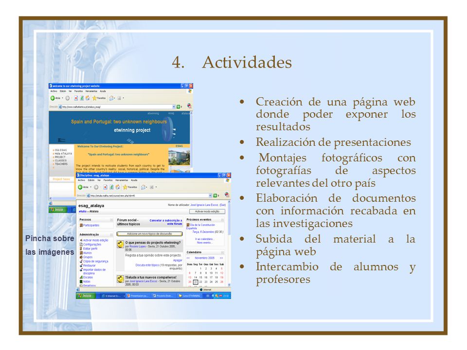 4. Actividades Creación de una página web donde poder exponer los resultados. Realización de presentaciones.