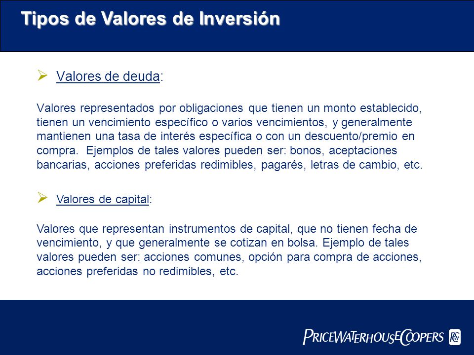 Tipos de Valores de Inversión