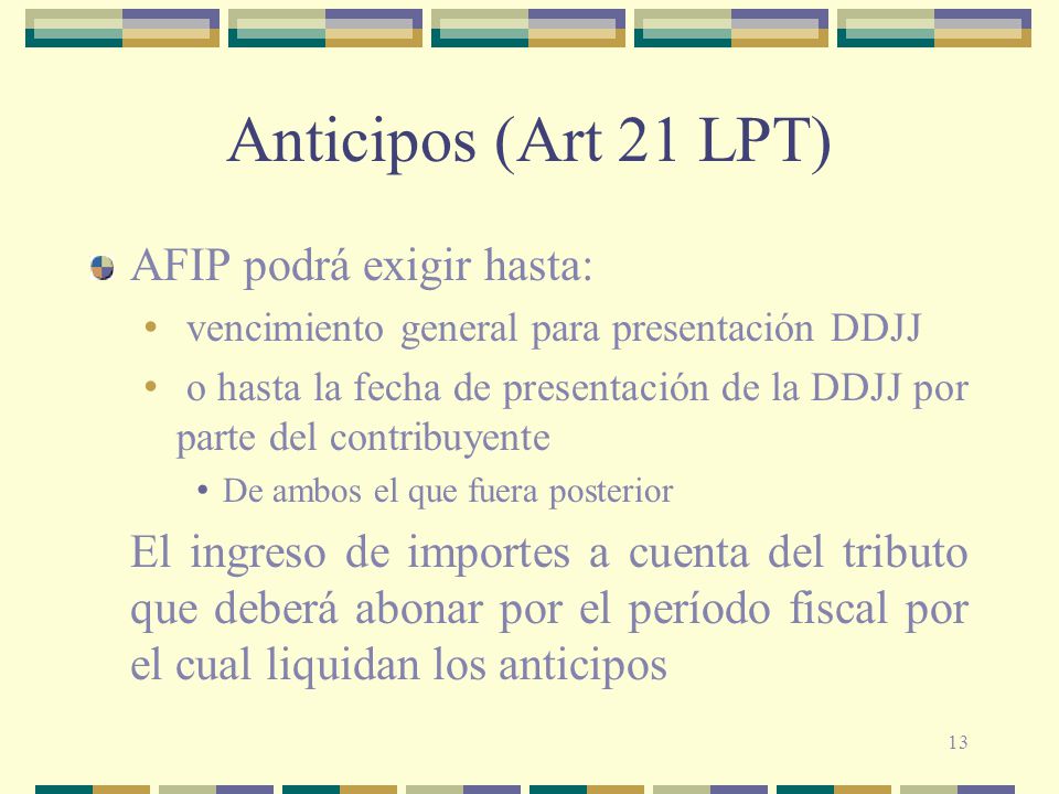 Anticipos (Art 21 LPT) AFIP podrá exigir hasta: