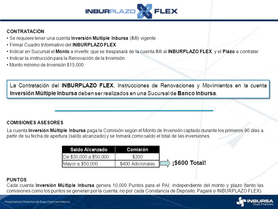 CONTRATACIÓN Se requiere tener una cuenta Inversión Múltiple Inbursa (IMI) vigente. Firmar Cuadro Informativo del INBURPLAZO FLEX.