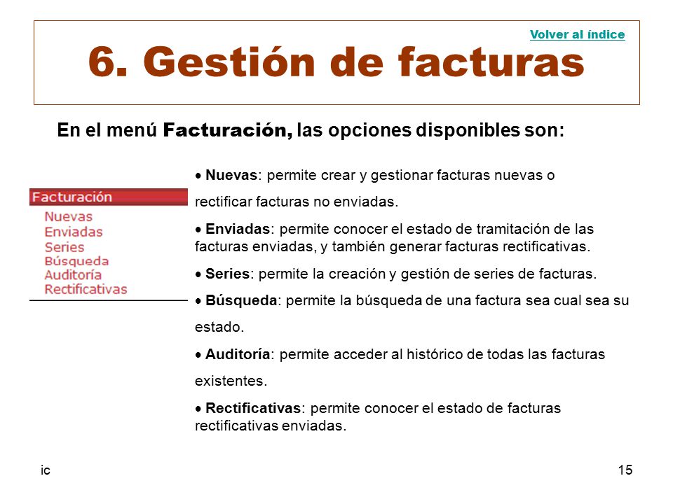 6. Gestión de facturas Volver al índice. En el menú Facturación, las opciones disponibles son: