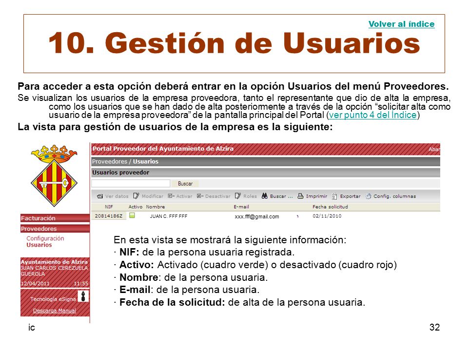 10. Gestión de Usuarios Volver al índice. Para acceder a esta opción deberá entrar en la opción Usuarios del menú Proveedores.