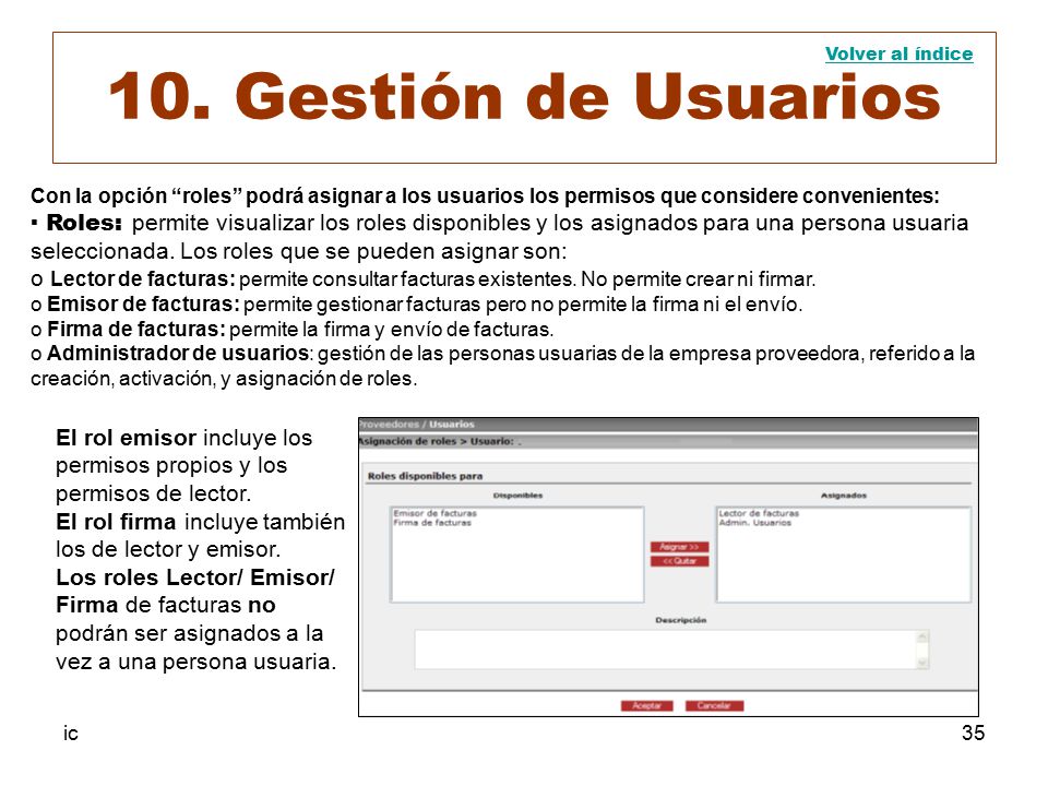10. Gestión de Usuarios Volver al índice. Con la opción roles podrá asignar a los usuarios los permisos que considere convenientes:
