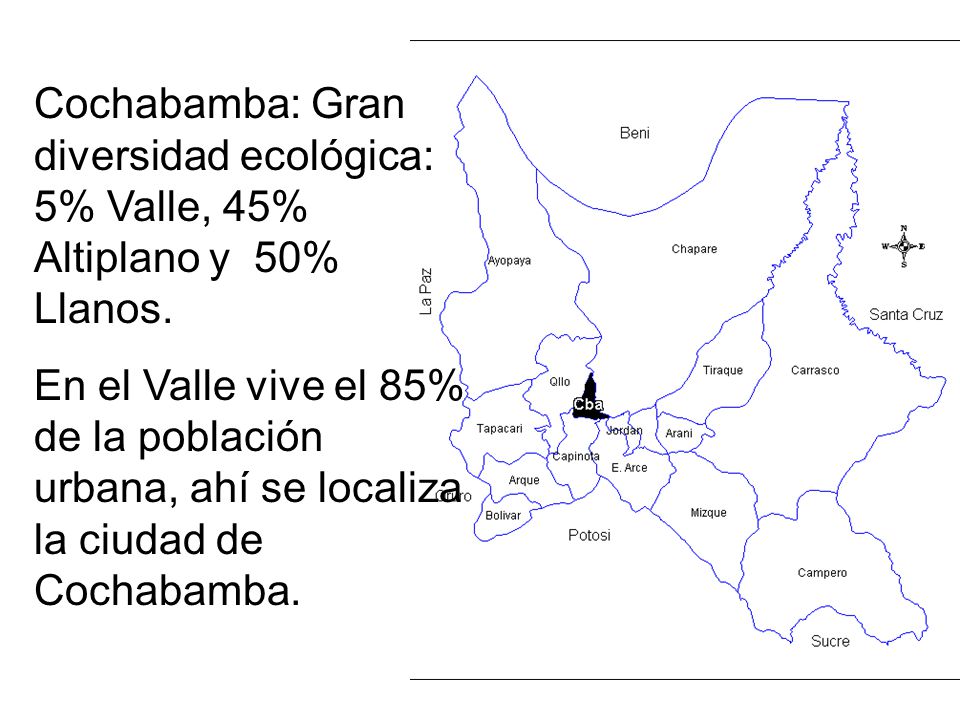 Cochabamba: Gran diversidad ecológica: 5% Valle, 45% Altiplano y 50% Llanos.