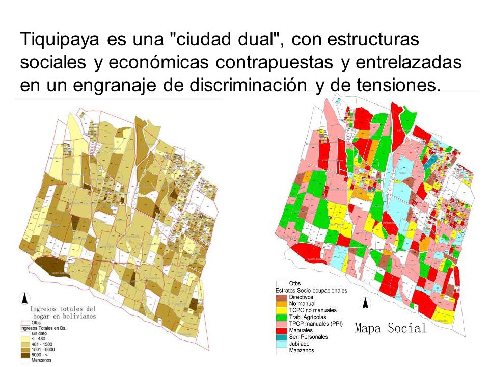 Tiquipaya es una ciudad dual , con estructuras sociales y económicas contrapuestas y entrelazadas en un engranaje de discriminación y de tensiones.