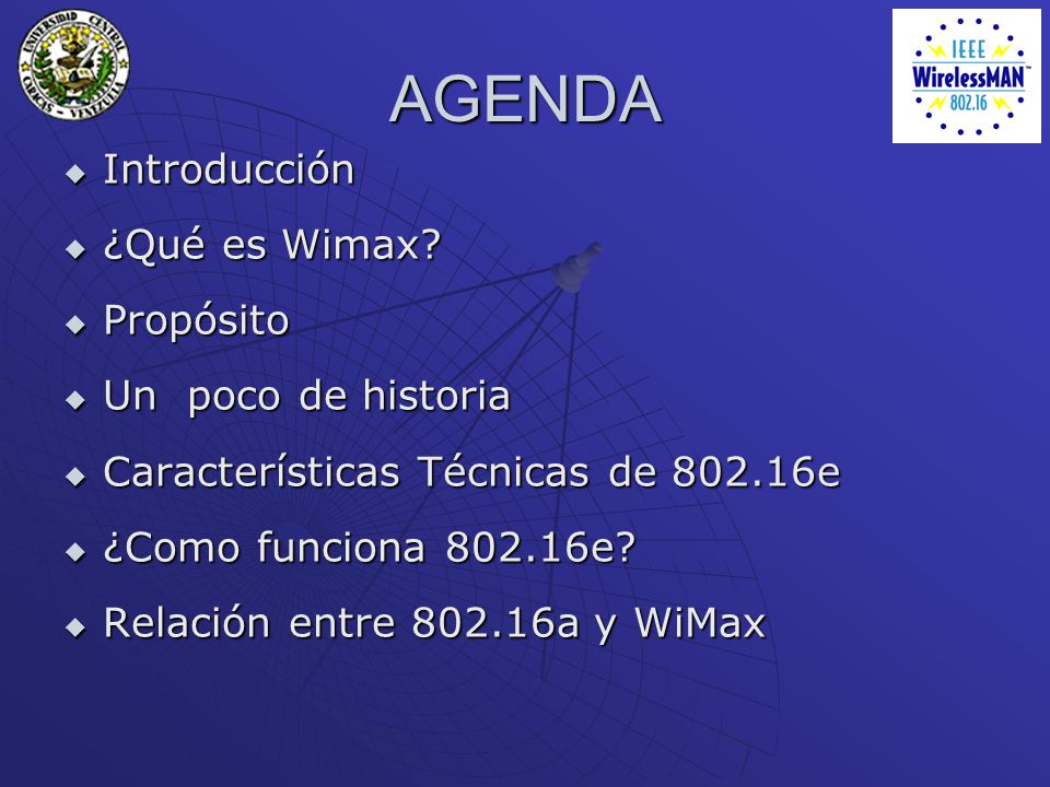 AGENDA Introducción ¿Qué es Wimax Propósito Un poco de historia