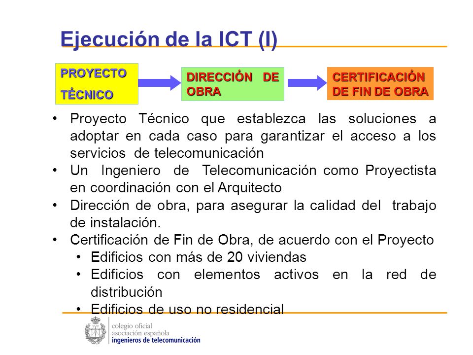 Ejecución de la ICT (I) PROYECTO. TÉCNICO. DIRECCIÓN DE OBRA. CERTIFICACIÓN DE FIN DE OBRA.