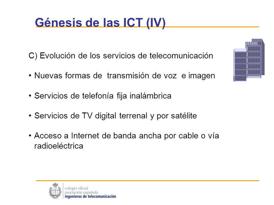 Génesis de las ICT (IV) C) Evolución de los servicios de telecomunicación. Nuevas formas de transmisión de voz e imagen.