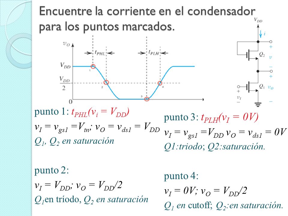 Encuentre la corriente en el condensador para los puntos marcados.