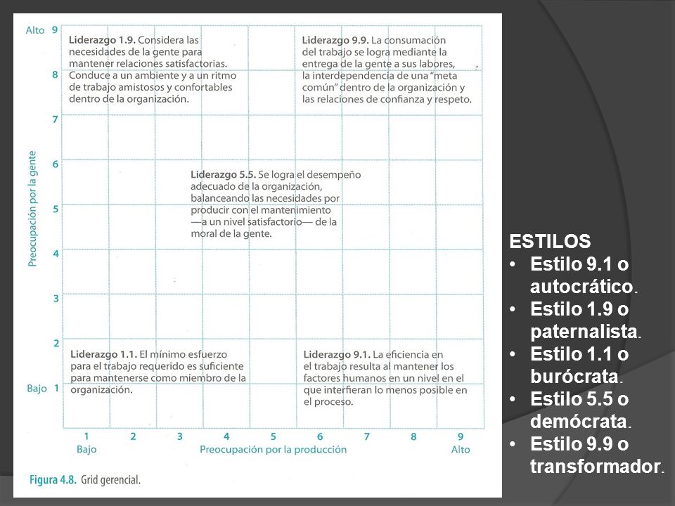 ESTILOS Estilo 9.1 o autocrático. Estilo 1.9 o paternalista. Estilo 1.1 o burócrata. Estilo 5.5 o demócrata.
