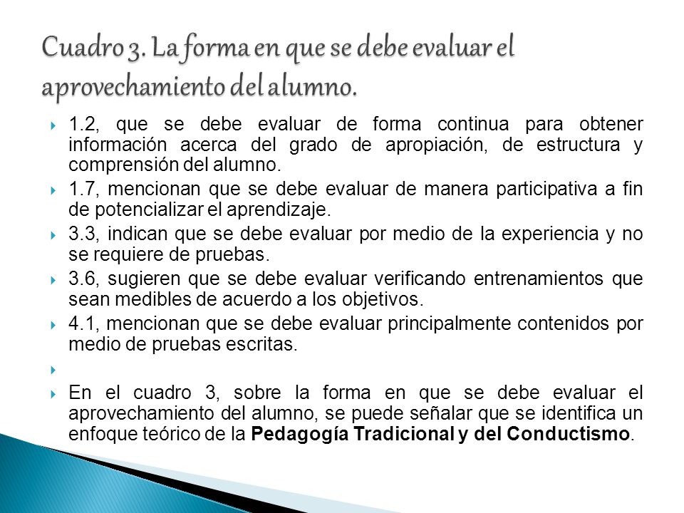 Cuadro 3. La forma en que se debe evaluar el aprovechamiento del alumno.