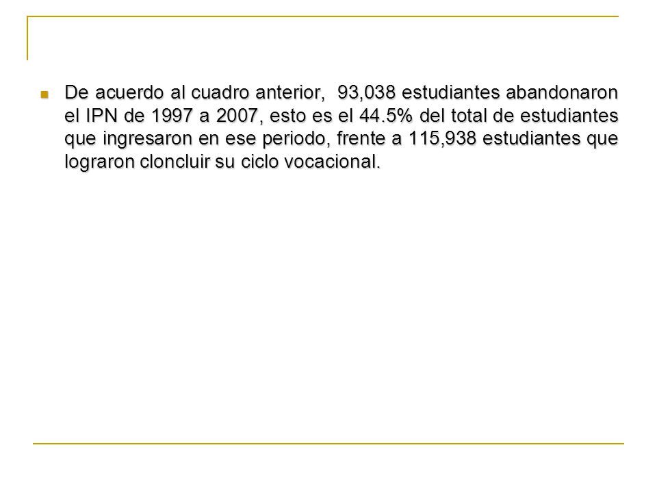 De acuerdo al cuadro anterior, 93,038 estudiantes abandonaron el IPN de 1997 a 2007, esto es el 44.5% del total de estudiantes que ingresaron en ese periodo, frente a 115,938 estudiantes que lograron cloncluir su ciclo vocacional.