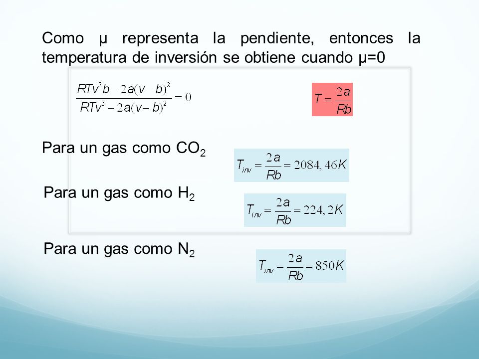 Como μ representa la pendiente, entonces la temperatura de inversión se obtiene cuando μ=0