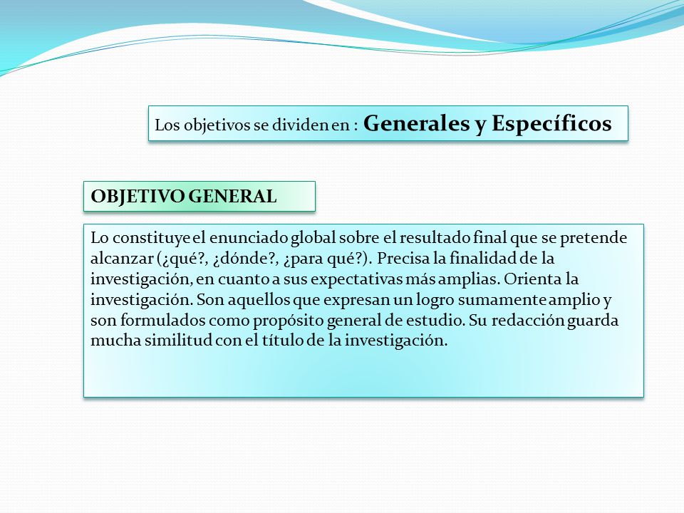 OBJETIVO GENERAL Los objetivos se dividen en : Generales y Específicos