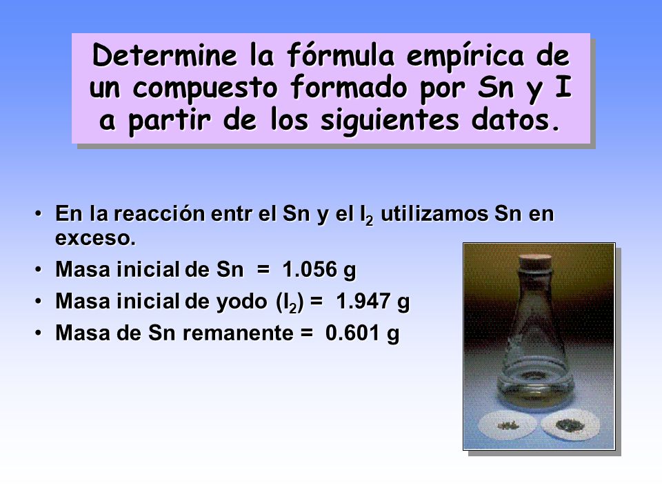 Determine la fórmula empírica de un compuesto formado por Sn y I a partir de los siguientes datos.