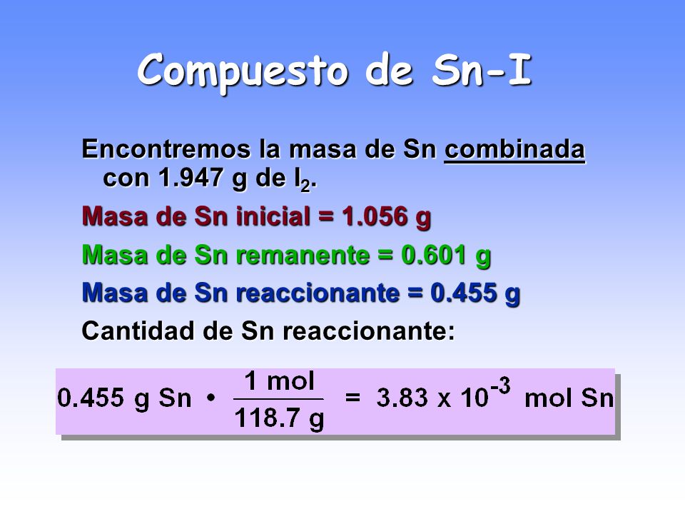 Compuesto de Sn-I Encontremos la masa de Sn combinada con g de I2. Masa de Sn inicial = g.