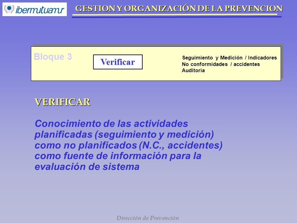 Verificar Bloque 3. Seguimiento y Medición / Indicadores. No conformidades / accidentes. Auditoría.