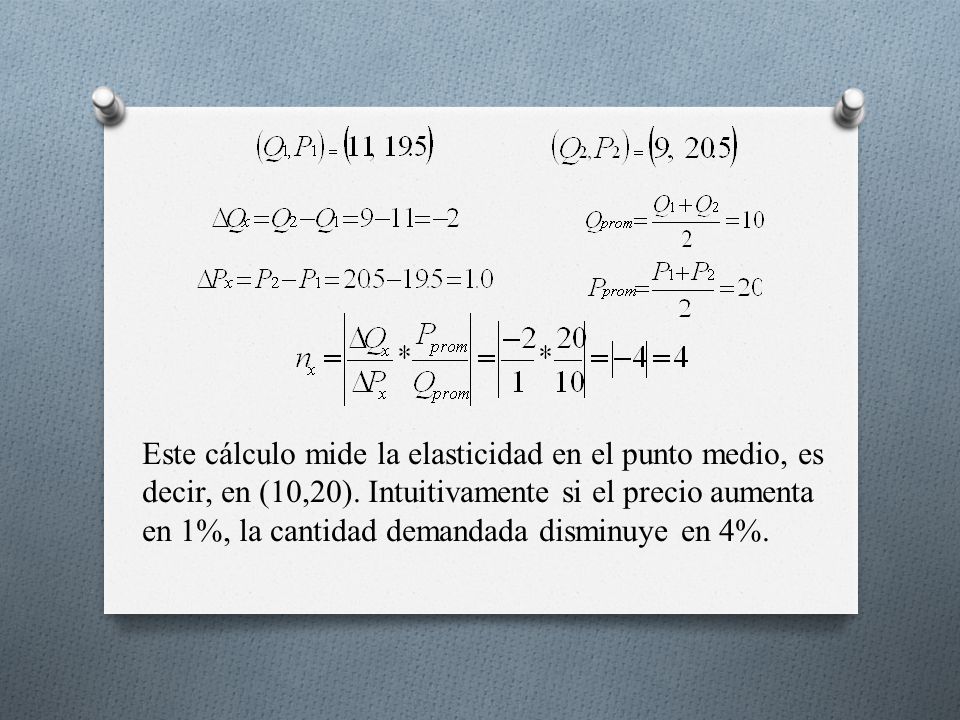 Este cálculo mide la elasticidad en el punto medio, es decir, en (10,20).