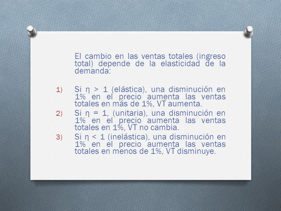 El cambio en las ventas totales (ingreso total) depende de la elasticidad de la demanda: