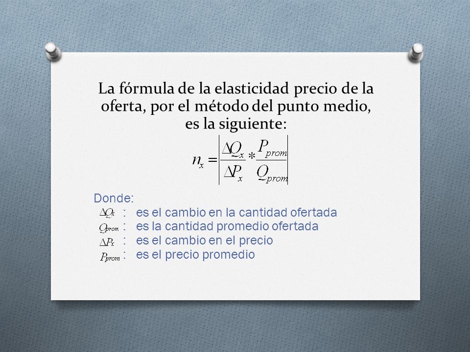 La fórmula de la elasticidad precio de la oferta, por el método del punto medio, es la siguiente: