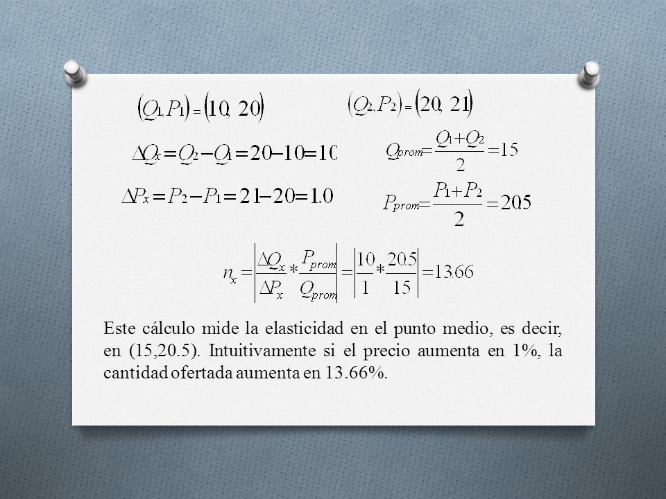 Este cálculo mide la elasticidad en el punto medio, es decir, en (15,20.5).