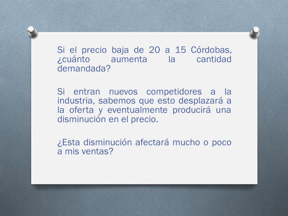 Si el precio baja de 20 a 15 Córdobas, ¿cuánto aumenta la cantidad demandada