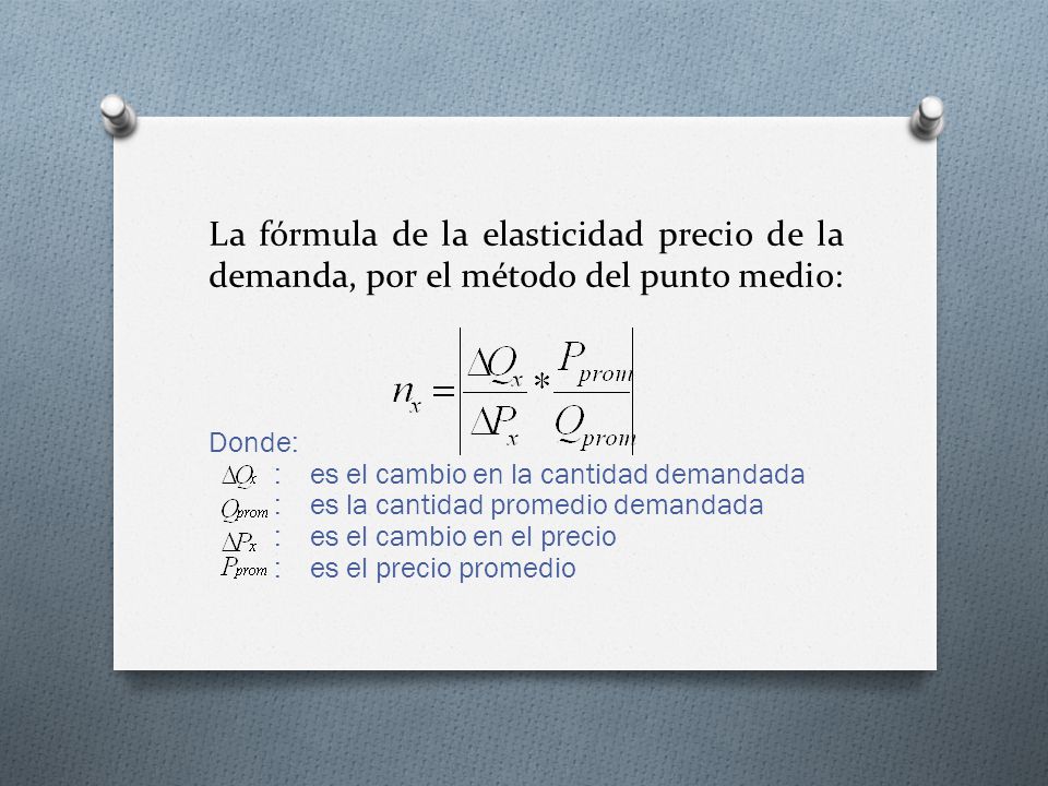 La fórmula de la elasticidad precio de la demanda, por el método del punto medio: