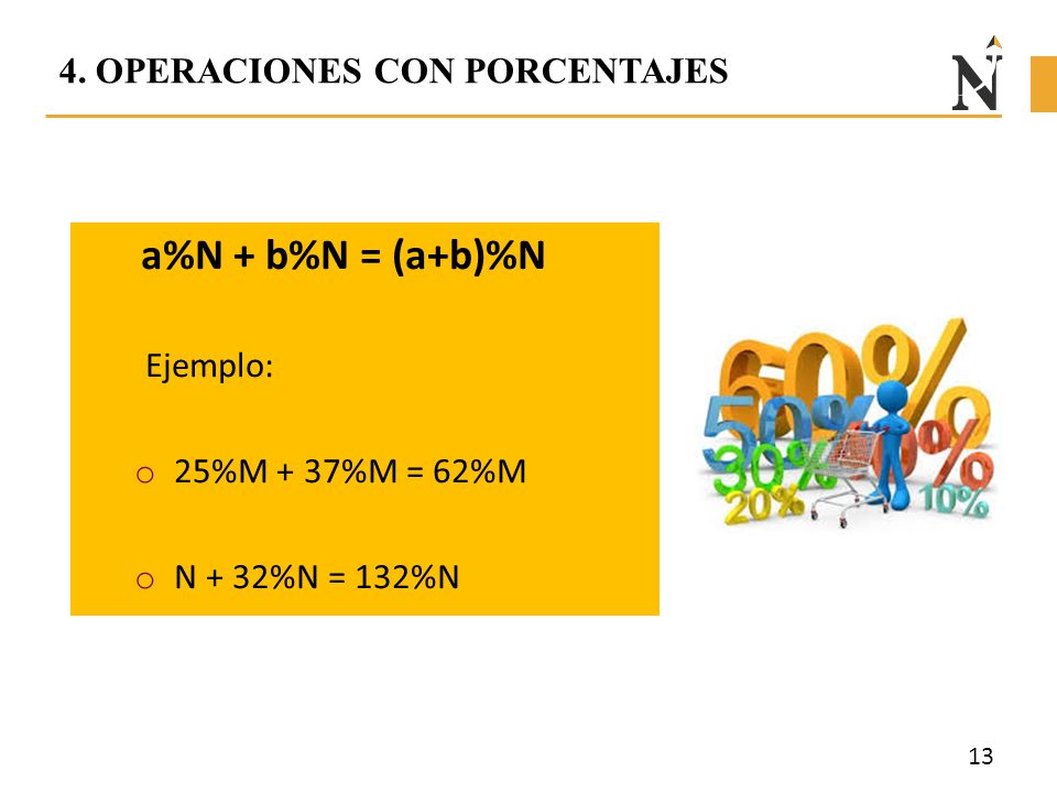 a%N + b%N = (a+b)%N 4. OPERACIONES CON PORCENTAJES Ejemplo: