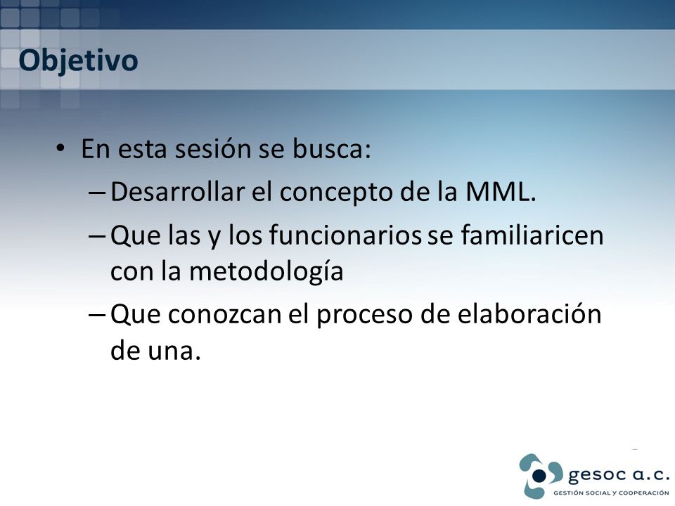 Objetivo En esta sesión se busca: Desarrollar el concepto de la MML.