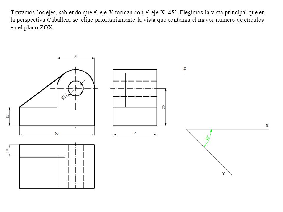 Trazamos los ejes, sabiendo que el eje Y forman con el eje X 45º