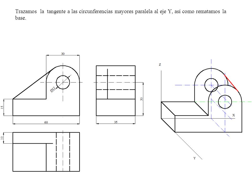 Trazamos la tangente a las circunferencias mayores paralela al eje Y, así como rematamos la base.