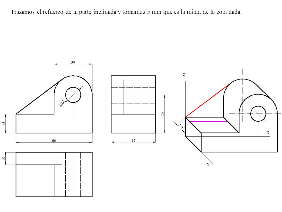 Trazamos el refuerzo de la parte inclinada y tomamos 5 mm que es la mitad de la cota dada.