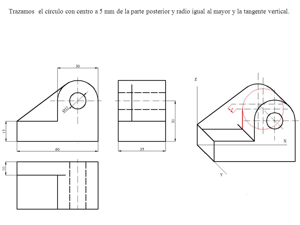 Trazamos el círculo con centro a 5 mm de la parte posterior y radio igual al mayor y la tangente vertical.