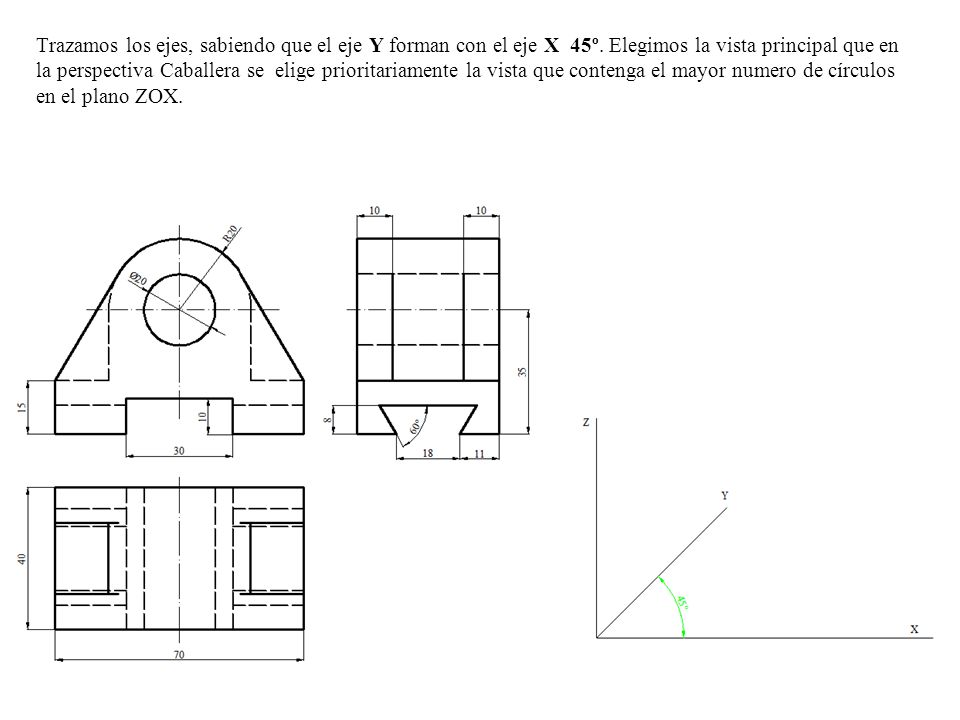 Trazamos los ejes, sabiendo que el eje Y forman con el eje X 45º