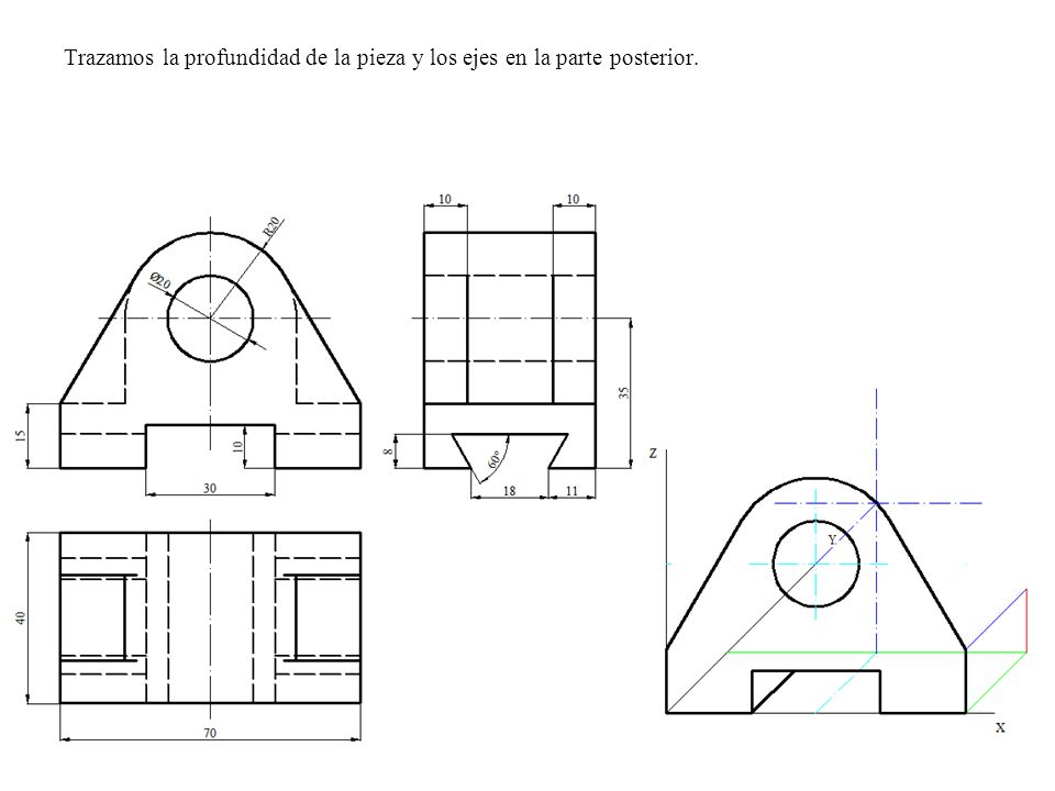 Trazamos la profundidad de la pieza y los ejes en la parte posterior.