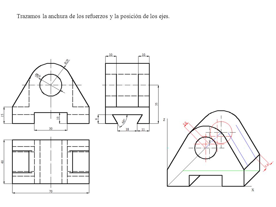 Trazamos la anchura de los refuerzos y la posición de los ejes.